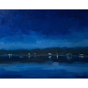 Original Oil Painting Landscape Nocturne Blue Lake Night Lights 11x14 Signed